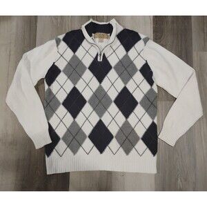 BKE Sweater Mens Large Blue Gray Argyle Pullover Half Zip Mock Neck Knit Casual
